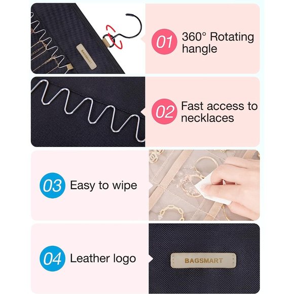 BAGSMART Hanging Jewelry Organizer Storage Roll with Hanger Metal Hooks … - Picture 4 of 9
